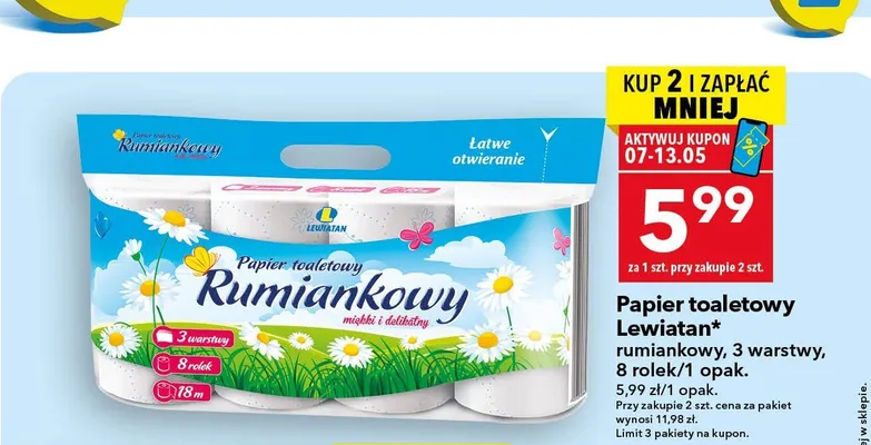 Papier toaletowy rumiankowy 3 warstwy Lewiatan promocja w LEWIATAN