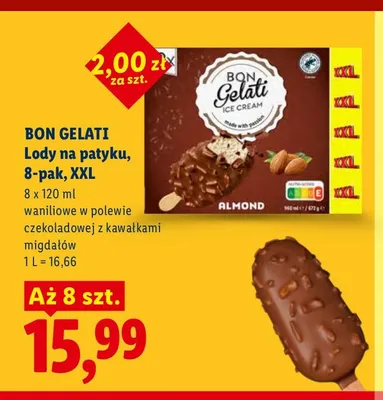 Lody na patyku waniliowe z migdałami Bon Gelati Almond XXL 8-pak promocja w Lidl