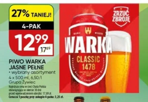 Piwo Warka Jasne Pełne 4-pak promocja w Chata Polska