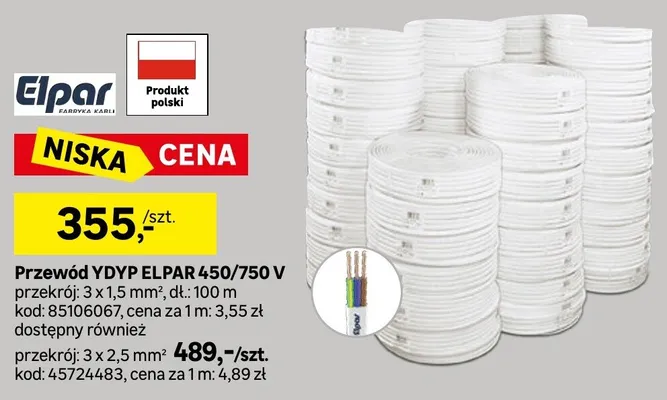 Przewód YDYP Elpar 450/750V przekrój 3x2.5mm2 promocja w Leroy Merlin