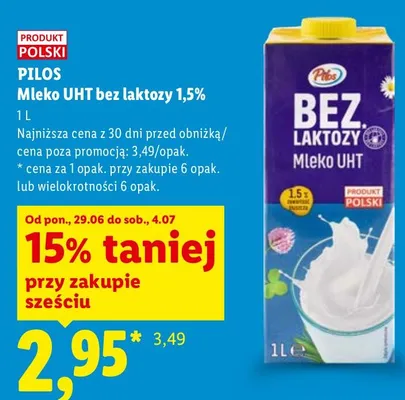 Mleko UHT bez laktozy 1,5% Pilos promocja w Lidl