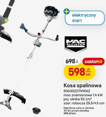 Kosa spalinowa MAC ALLISTER moc znamionowa 1,4kW poj. silnika 52 cm³ szer. robocza 25,5/43cm promocja w Castorama