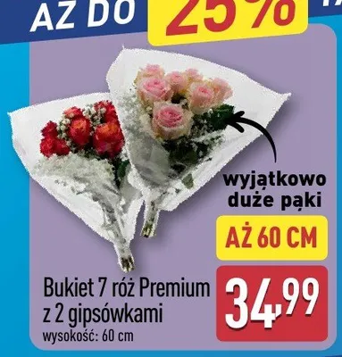 Bukiet 7 róż premium z 2 gipsówkami promocja w Aldi