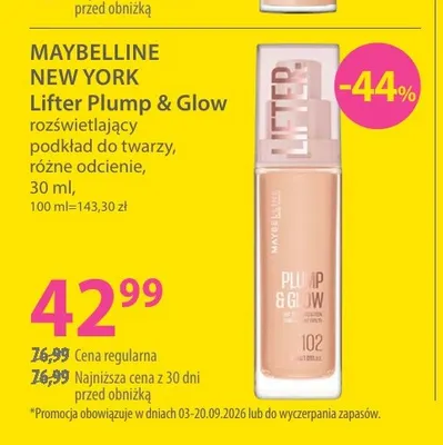 Rozświetlający podkład do twarzy Lifter Plump & Glow Maybelline New York promocja w Hebe