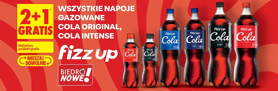 Wszystkie napoje gazowane Cola Original, Cola Intense 2+1 GRATIS Fizz Up promocja w Biedronka