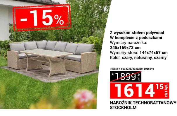 Narożnik technorattanowy Stockholm z wysokim stołem polywood w komplecie z poduszkami promocja w Merkury Market