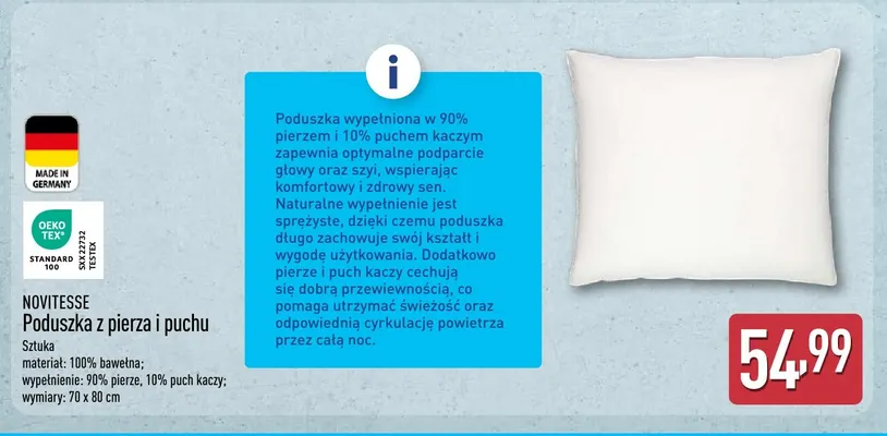 Poduszka z pierza i puchu Novitesse 70x80 cm promocja w Aldi
