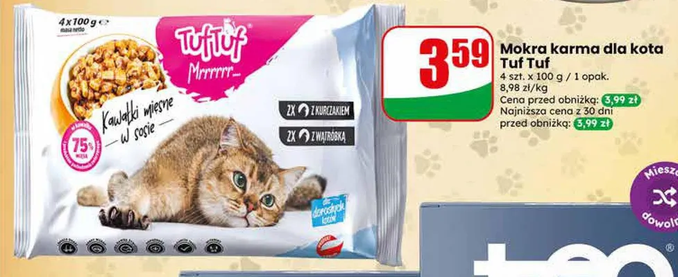 Mokra karma dla kota Tuf Tuf kawałki mięsne w sosie 4-pak 100g promocja w Dino