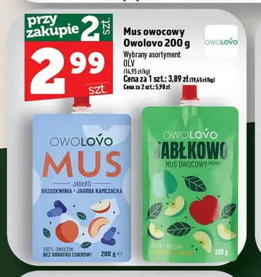 Mus owocowy Owolovo jabłko brzoskwinia jagoda kamczacka promocja w TOPAZ