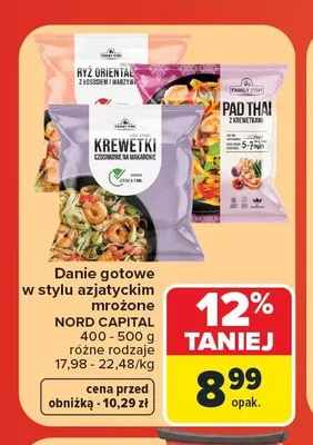 Danie gotowe mrożone Krewetki czosnkowe na makaronie Family Fish promocja w Carrefour