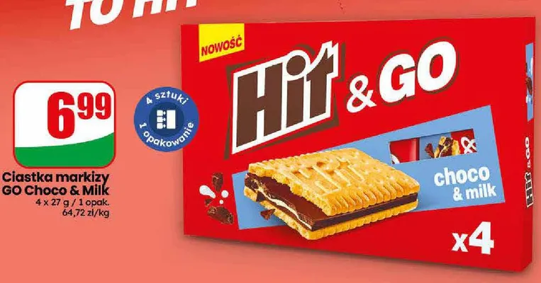 Ciastka markizy HIT & GO Choco & Milk 4-pak promocja w Dino