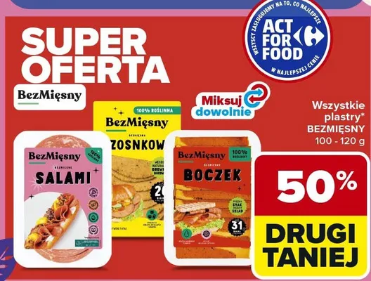 Wszystkie plastry bezmięsny salami, żośnków, boczek promocja w Carrefour Market
