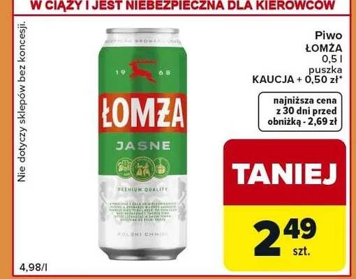 Piwo jasne puszka + 0,50 zł Lomza promocja w Carrefour Express