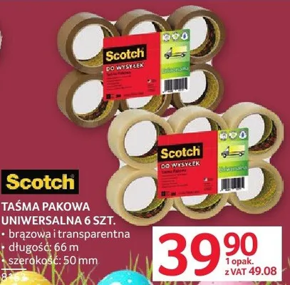 Taśma pakowa Scotch uniwersalna 6 szt. o przekroju minimum 1 długość 66 m szerokość 50 mm promocja w Selgros