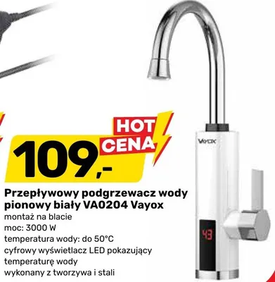 Przepływowy podgrzewacz wody pionowy biały VA0204 Vayox promocja w Bricomarche