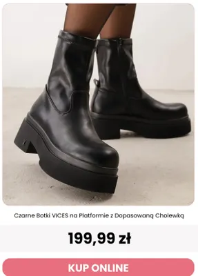 Czarne botki Vices na platformie z dopasowaną cholewką promocja w Renee