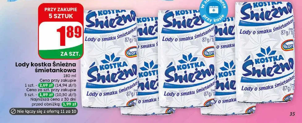 Lody kostka Śnieżna śmietankowa Koral promocja w Dino