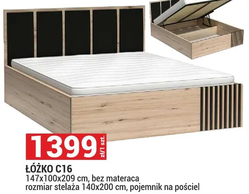 Łóżko C16 147x100x209 cm, bez materaca, rozmiar stelaża 140x200 cm, pojemnik na pościel promocja w Merkury Market