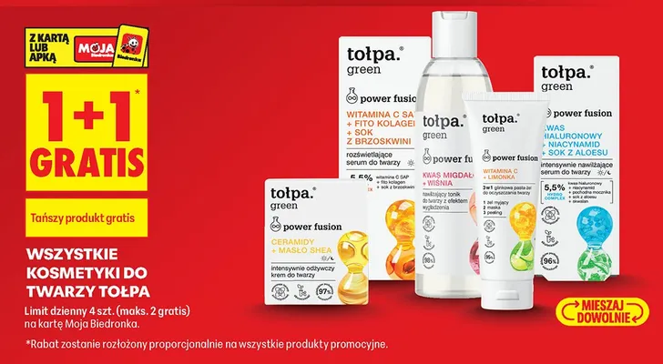 Wszystkie kosmetyki do twarzy Tołpa 1+1 GRATIS promocja w Biedronka