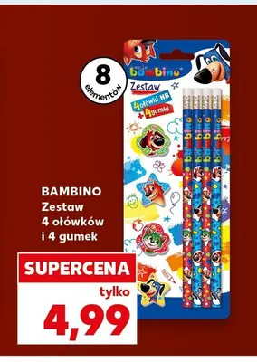 Zestaw 4 ołówków i 4 gumek Bambino promocja w Kaufland