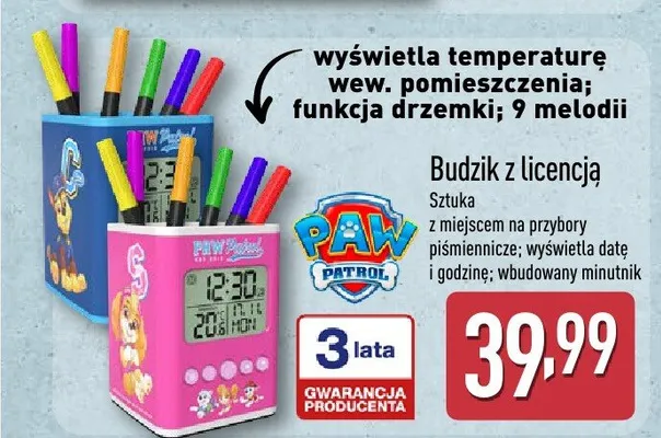 Budzik z licencją Paw Patrol promocja w Aldi