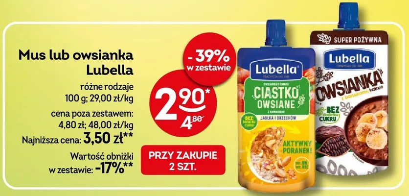 Mus lub owsianka Lubella różne rodzaje promocja w Żabka
