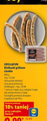 Kiełbaski grillowe cienkie Grill&Fun promocja w Lidl