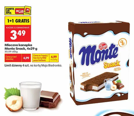 Mleczna kanapka Zott Monte Snack 4-pak 29 g promocja w Biedronka