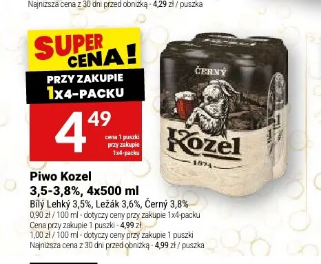 Piwo Kozel Ležák 3,6% 4-pak 500 ml promocja w Twój Market