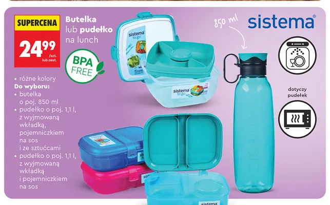 Pudełko na lunch 1,1 l z wyjmowaną wkładką pojemniczkiem na sos i ze sztućcami Sistema promocja w Biedronka