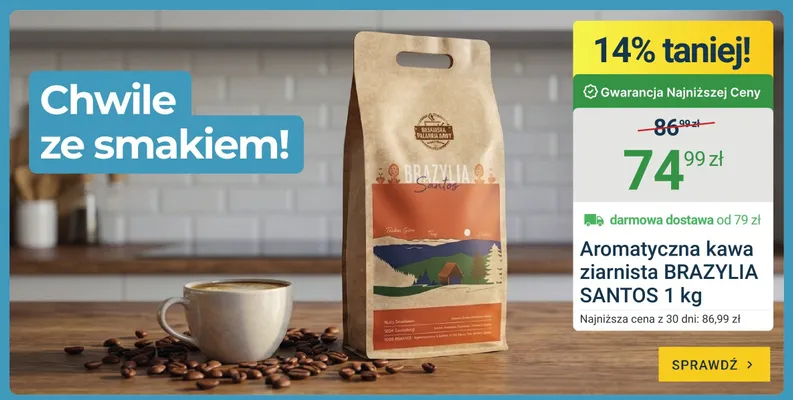 Aromatyczna kawa ziarnista Brazylia Santos promocja w ERLI