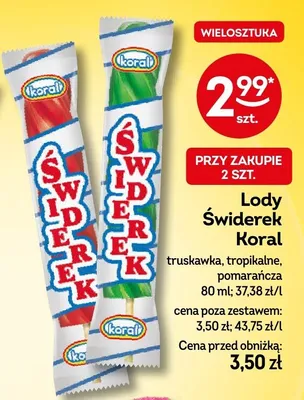 Lody Świderek Koral truskawka, tropikalne, pomarańcza promocja w Żabka