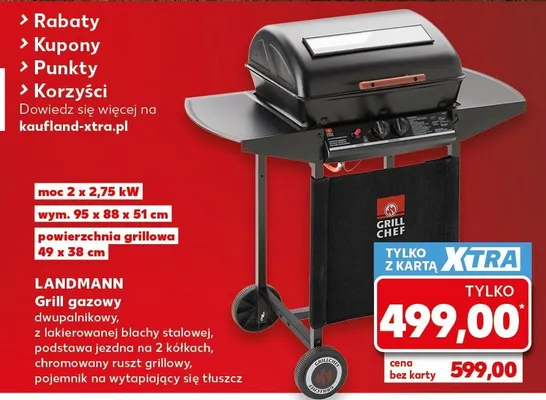 Grill gazowy Landmann dwupalnikowy z lakierowanej blachy stalowej podstawa jezdna na 2 kółkach chromowany ruszt grillowy pojemnik na wytapiający się tłuszcz 2x2,75kW 95x88x51cm promocja w Kaufland