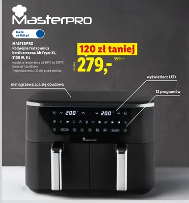 Podwójna frytkownica beztłuszczowa Air Fryer XL MASTERPRO 3100W 9l promocja w Lidl