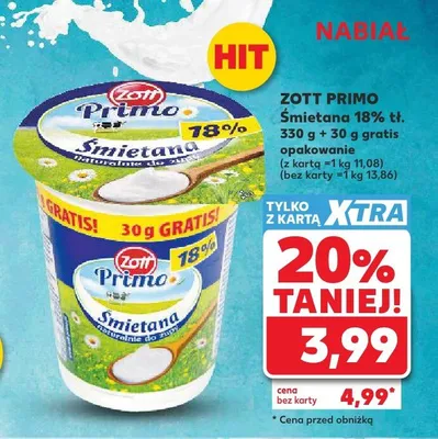 Śmietana 18% tłuszczu Zott Primo promocja w Kaufland