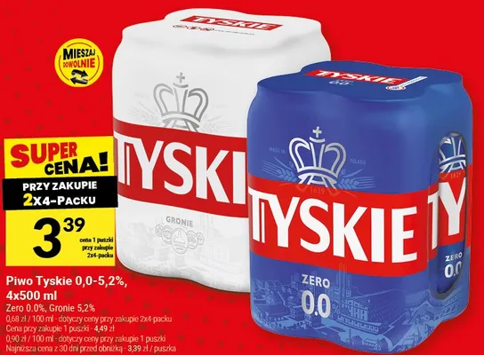 Piwo Tyskie 0,0-5,2%, 4x500 ml Zero 0,0%, Gronie 5,2% promocja w Twój Market