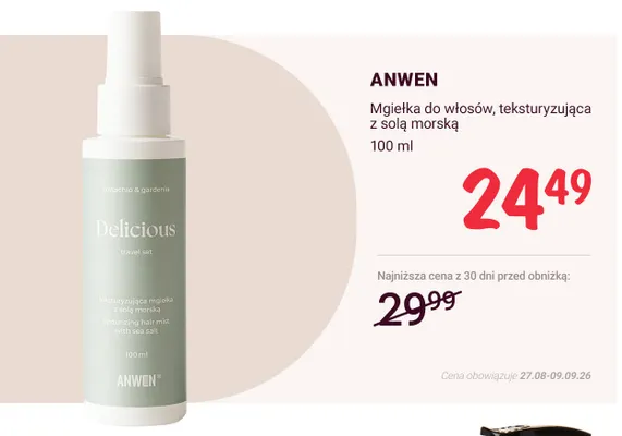 Mgiełka do włosów teksturyzująca z solą morską Anwen promocja w Rossmann