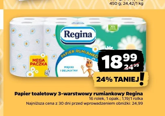 Papier toaletowy 3-warstwowy rumiankowy Regina promocja w Netto