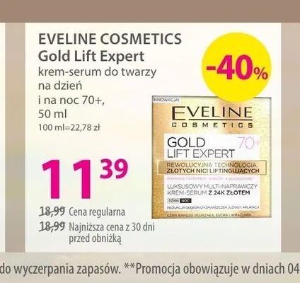 Krem-serum do twarzy na dzień i na noc 70+ EVELINE COSMETICS Gold Lift Expert promocja w Hebe