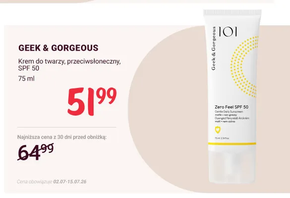 Krem do twarzy przeciwsłoneczny Geek & Gorgeous SPF 50 promocja w Rossmann