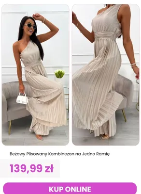 Kombinezon damski beżowy plisowany na jedno ramię ModnaKiecka.pl promocja w Modna Kiecka