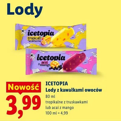 Lody z kawałkami owoców Icetopia tropikalne z truskawkami promocja w Lidl