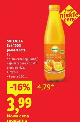 Sok pomarańczowy 100% Solevita promocja w Lidl