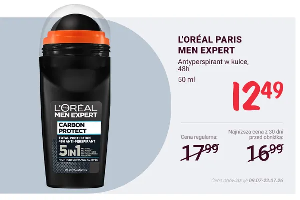 Antyperspirant w kulce L'Oréal Paris Men Expert Carbon Protect 5in1 promocja w Rossmann