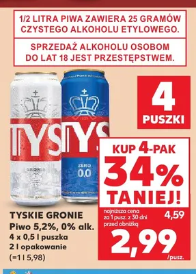 Piwo bezalkoholowe Tyskie Gronie 4-pak 500 ml promocja w Kaufland