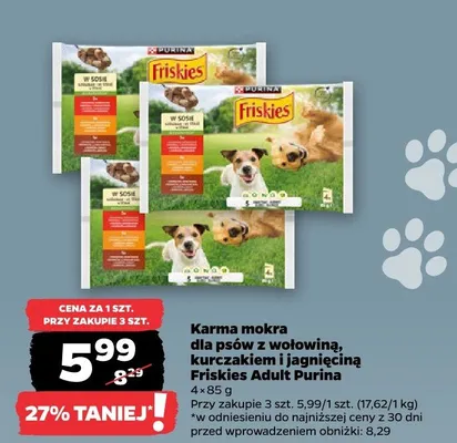 Karma mokra dla psów z wołowiną kurczakiem i jagnięciną Friskies Adult Purina promocja w Netto