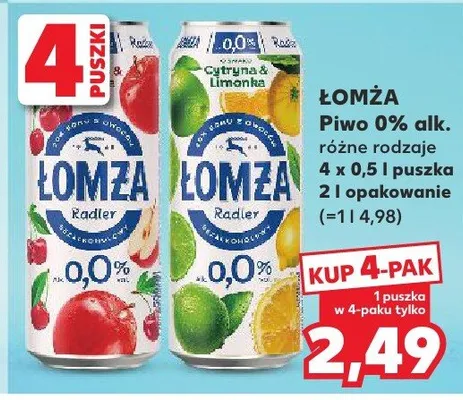 Piwo Łomża Radler 0% Cytryna i Limonka promocja w Kaufland
