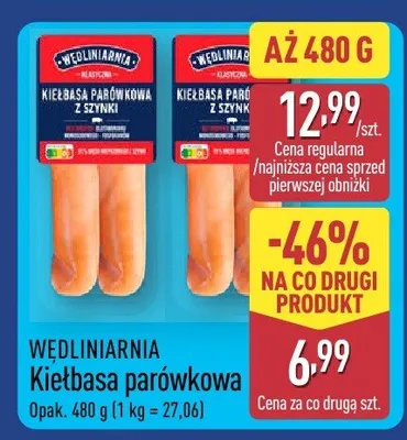 Kiełbasa parówkowa z szynki, z szynką promocja w Aldi