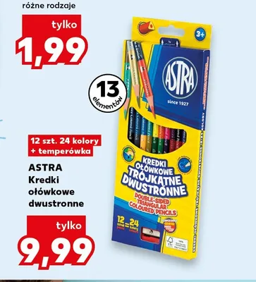 Kredki ołówkowe trójkątne dwustronne Astra 12 sztuk 24 kolory + temperówka promocja w Kaufland