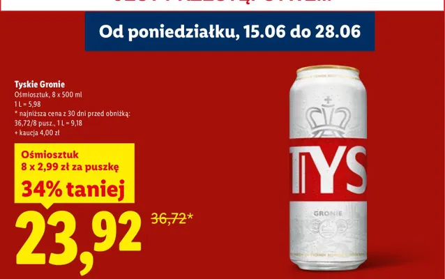 Piwo Tyskie Gronie 8-pak 500 ml promocja w Lidl